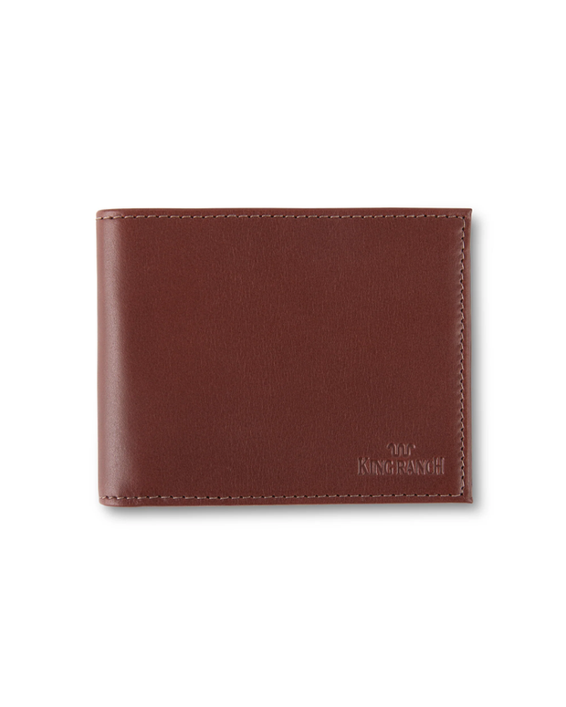 A brown leather wallet with meticulous stitching around the edges and the brand name ‘KING RANCH’ embossed in the lower right corner, set against a white background.