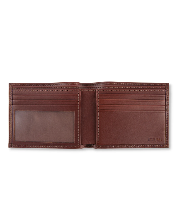 An open brown leather wallet, displaying a clear ID window on the left and multiple card slots on the right, crafted with detailed stitching for a refined appearance.