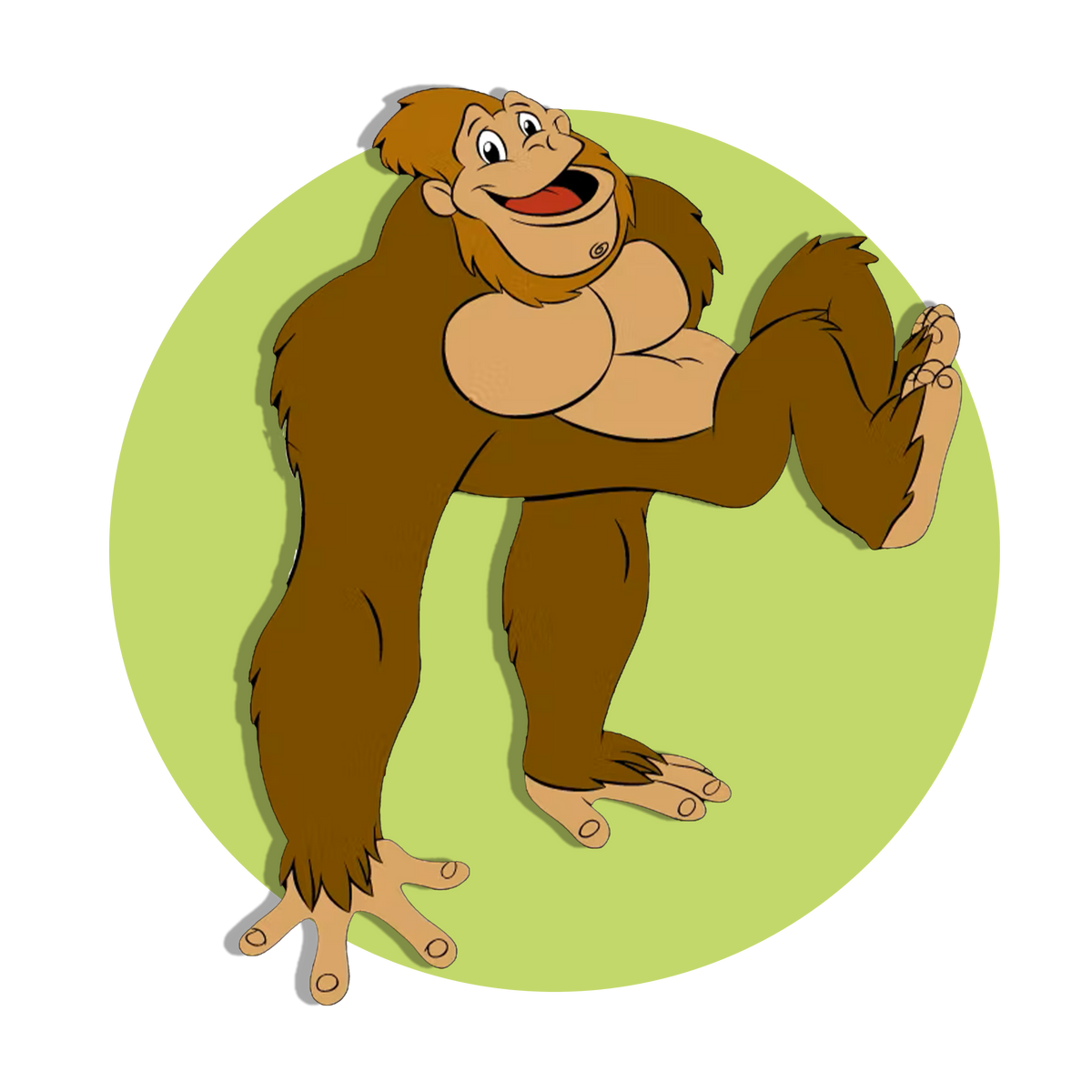 a cartoon character that resembles an ape with brown hair and a big smile. The character is sitting and has a large belly and long arms, giving it a friendly and approachable look. It’s set against a light green circular background that highlights the character