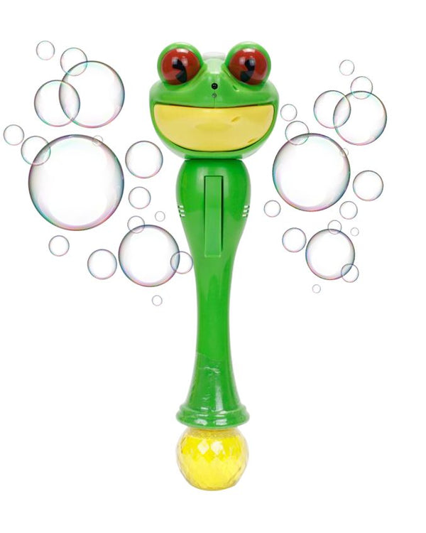 Green frog-shaped bubble wand with bubbles on a white background
