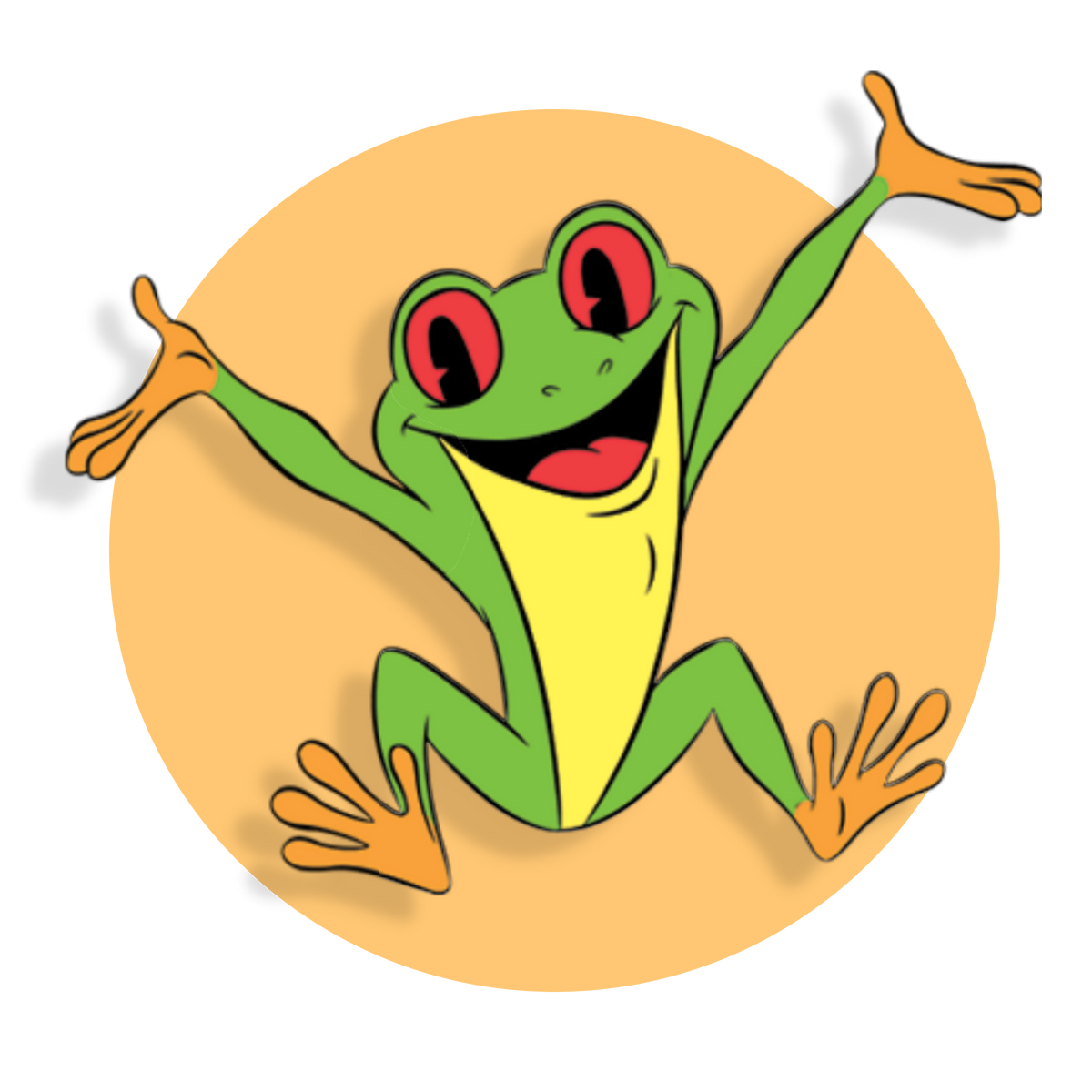a cartoon character of a green frog with red eyes, sporting a big smile. It appears to be in a joyful pose with its arms and legs spread out, possibly in mid-jump or as if it’s ready to give someone a hug. The frog is centered against a simple light brown circular background that accentuates its figure.