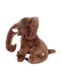 A sideview of a brown plush toy elephant sitting in front of a plain background, with a circular spiral patch on the backside.