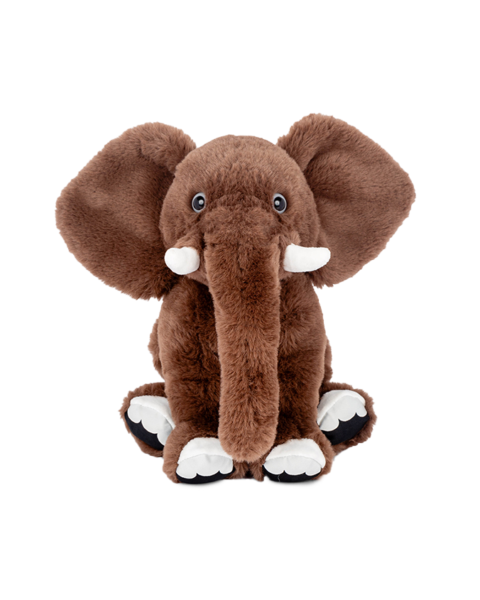 A brown plush toy elephant sitting in front of a plain background.