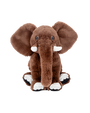 A brown plush toy elephant sitting in front of a plain background.