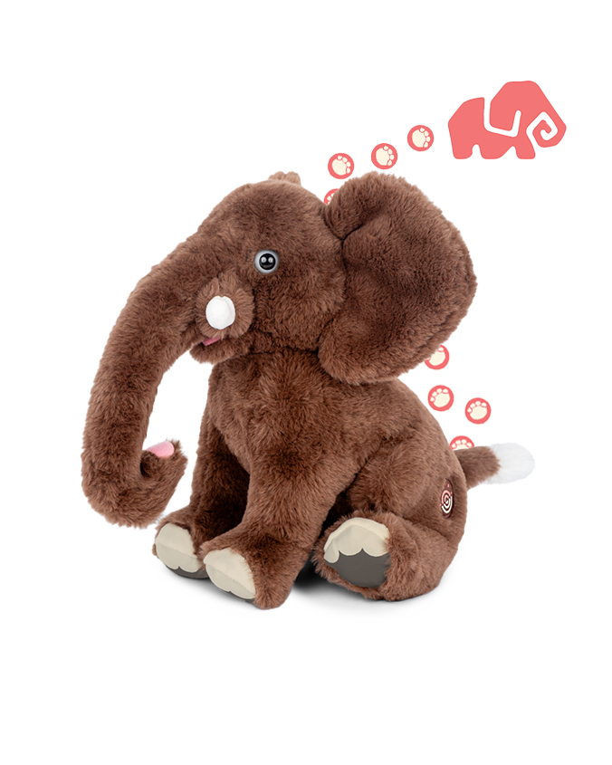 A brown plush toy elephant sitting in front of a plain background. In the upper right corner of the image, there is an illustration of a pink elephant with a spiral-shaped trunk and several pink paw prints leading towards it.