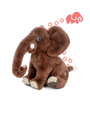 A brown plush toy elephant sitting in front of a plain background. In the upper right corner of the image, there is an illustration of a pink elephant with a spiral-shaped trunk and several pink paw prints leading towards it.