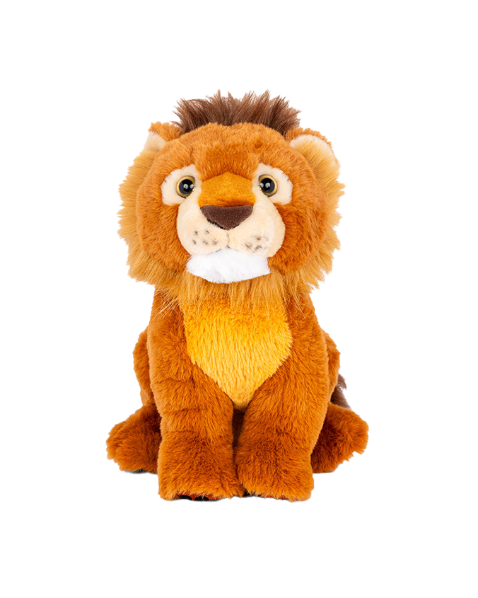 A plush toy lion with sitting upright against a plain background.