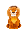 A plush toy lion with sitting upright against a plain background.