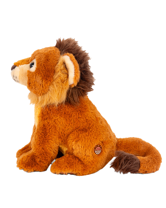 A sideview of a plush toy lion with sitting upright against a plain background. There is a circular target patch at the back.