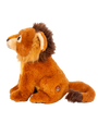 A sideview of a plush toy lion with sitting upright against a plain background. There is a circular target patch at the back.