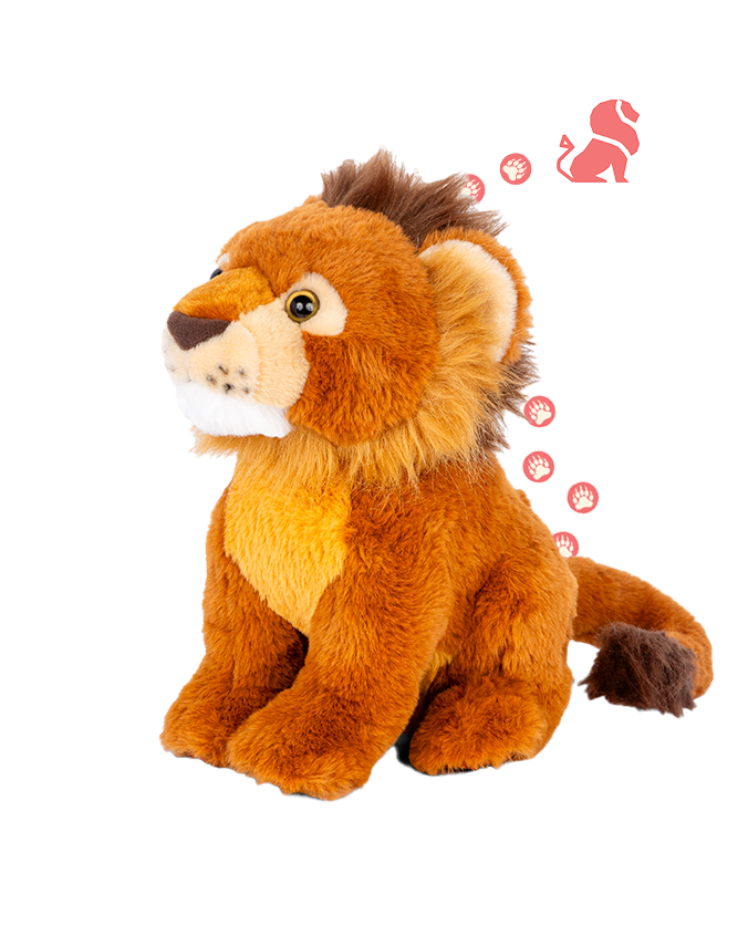 A plush toy lion with sitting upright against a plain background. There are five digitally illustrated red paw print icons leading up to a pink silhouette of a lion above the plush.