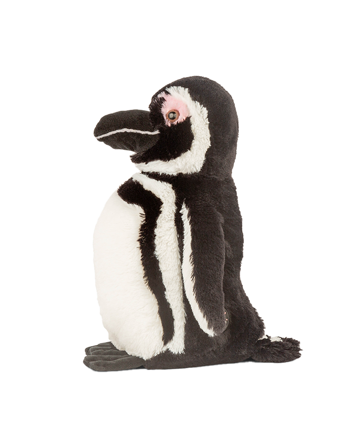 The sideview of a stuffed Magellanic penguin toy with white linear details, a white belly, and pink circles around its eyes. Behind the penguin are pink bird footprints leading from the bottom right of the image to the top right, ending in a pink bird icon.