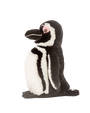The sideview of a stuffed Magellanic penguin toy with white linear details, a white belly, and pink circles around its eyes. Behind the penguin are pink bird footprints leading from the bottom right of the image to the top right, ending in a pink bird icon.