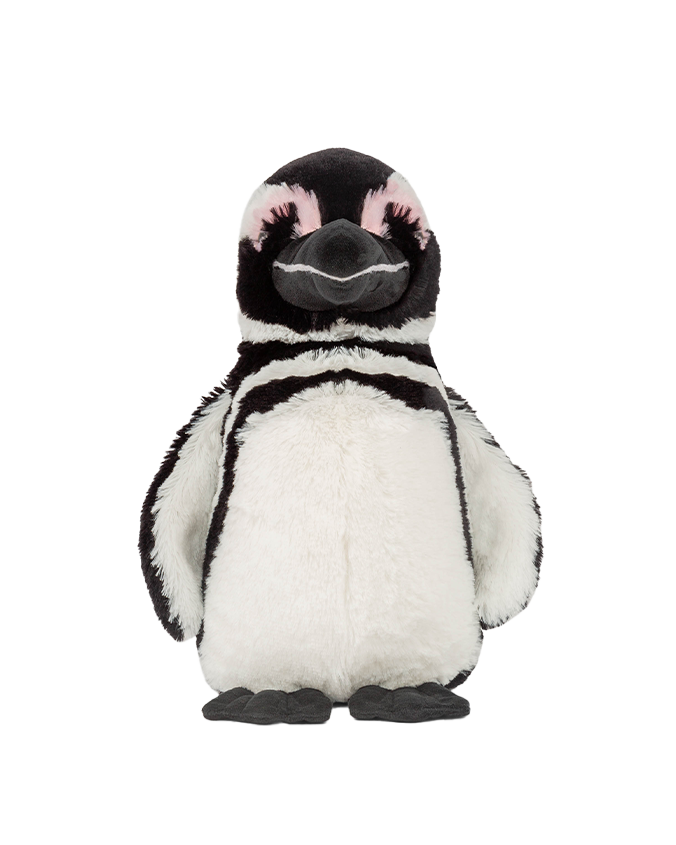 A frontal view of a stuffed Magellanic penguin toy with white linear details, a white belly, and pink circles around its eyes. The background is plain white.
