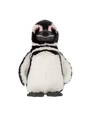 A frontal view of a stuffed Magellanic penguin toy with white linear details, a white belly, and pink circles around its eyes. The background is plain white.
