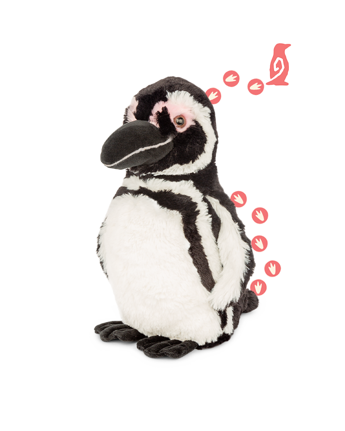 A stuffed Magellanic penguin toy with white linear details, a white belly, and pink circles around its eyes. Behind the penguin are pink bird footprints leading from the bottom right of the image to the top right, ending in a pink bird icon. The background is plain white.