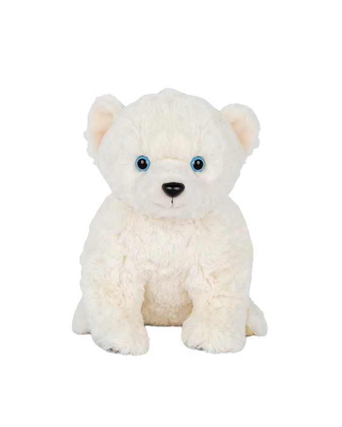 A frontal view of a white polar bear plush toy with blue eyes standing in front of a plain background.