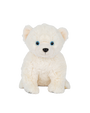 A frontal view of a white polar bear plush toy with blue eyes standing in front of a plain background.