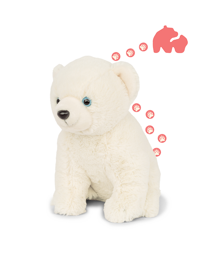 A white polar bear plush toy with blue eyes standing in front of a plain background. Behind the bear are five pink paw print icons leading up to a pink silhouette of a polar bear.
