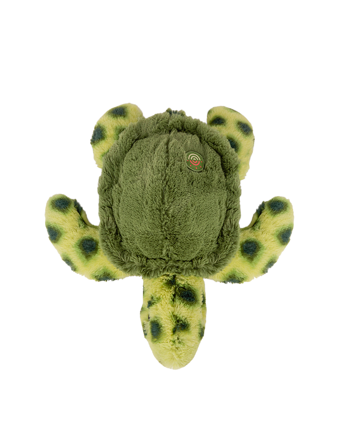 An overhead view of a green turtle plush toy with dark green spots on the body laying against a white background. There is a circular target label on the back of the shell.
