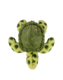 An overhead view of a green turtle plush toy with dark green spots on the body laying against a white background. There is a circular target label on the back of the shell.