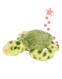 A green turtle plush toy with dark green spots on the body and green eyes laying against a plain background. There is also an illustration of a small pink turtle with circles trailing behind it on the right side of the image.