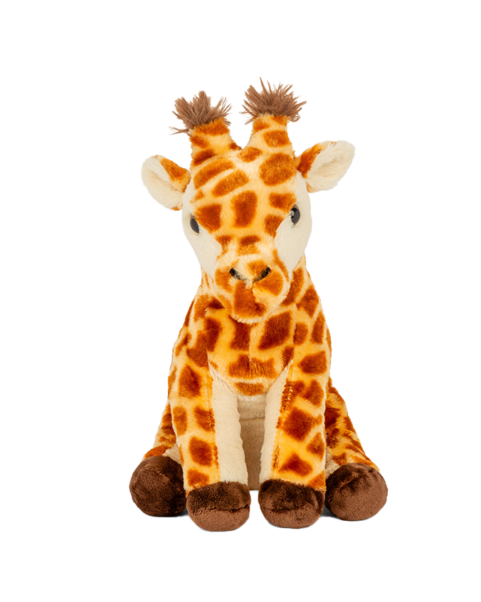 A frontal view of a plush toy giraffe sitting upright against a plain background.