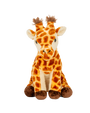 A frontal view of a plush toy giraffe sitting upright against a plain background.