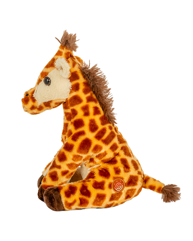 A side-view of a plush toy giraffe sitting upright against a plain background, with a circular target label on the leg.
