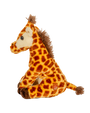 A side-view of a plush toy giraffe sitting upright against a plain background, with a circular target label on the leg.