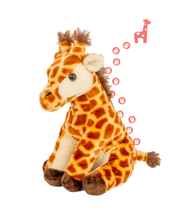 A plush toy giraffe sitting upright against a plain background. There is also an illustration of a small pink giraffe with circles trailing behind it on the right side of the image.