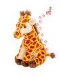 A plush toy giraffe sitting upright against a plain background. There is also an illustration of a small pink giraffe with circles trailing behind it on the right side of the image.