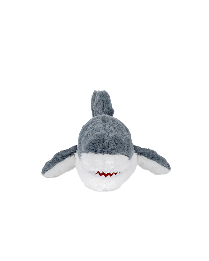 The frontal view of a grey shark plush toy with a white underbelly and an open mouth. The background is plain white.