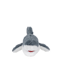 The frontal view of a grey shark plush toy with a white underbelly and an open mouth. The background is plain white.