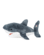 A side view of a plush grey shark toy with a white underbelly and an open mouth, featuring a circular target label on the tip of the tail. The background is plain white.