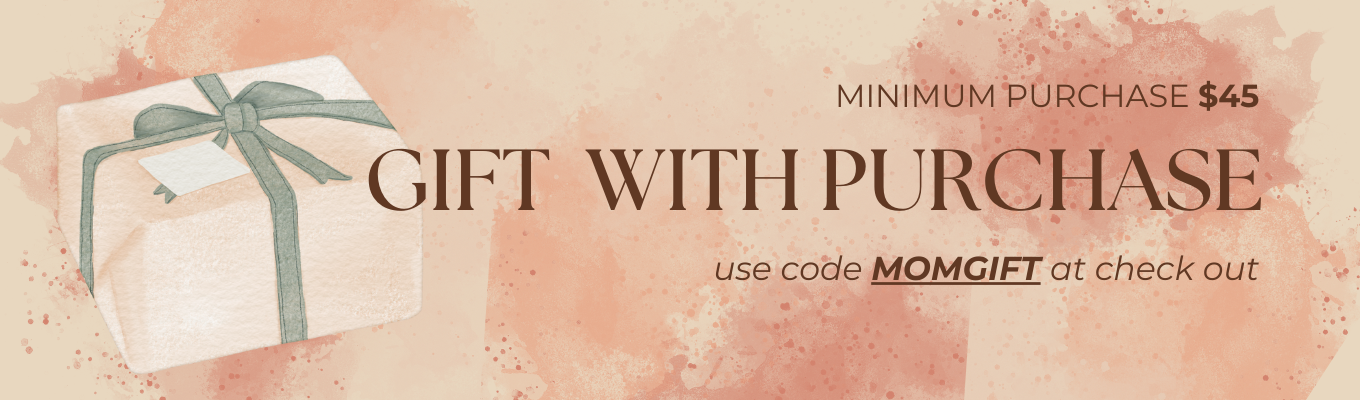 Promotional banner featuring a gift box, offering a gift with a minimum purchase of $45 using code MOMGIFT at checkout.