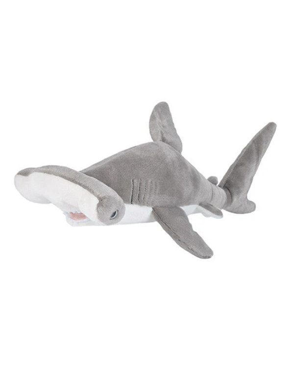 A grey hammerhead shark plush toy placed against a white background.