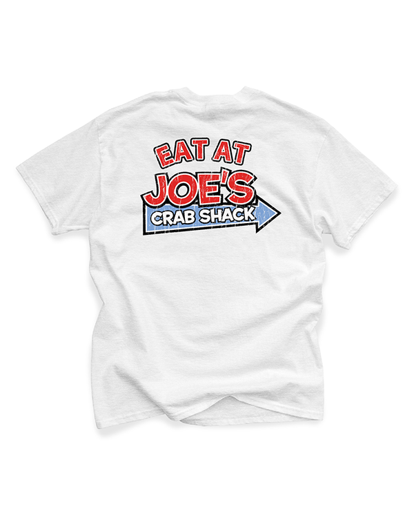 A backside view of a white crewneck t-shirt with bold text reading ‘EAT AT JOE’S CRAB SHACK’, with a blue arrow at the bottom. The background is plain white.