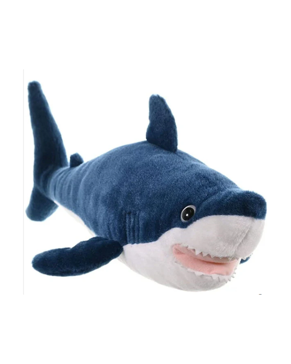 A frontal angled view of a navy shark plush toy placed against a white background.