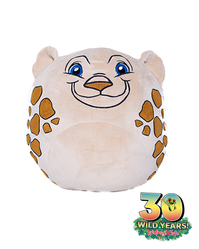A plush toy with a smiling leopard face, featuring bright blue eyes and brown spots, above the ‘30 Wild Years’ Rainforest Cafe logo.