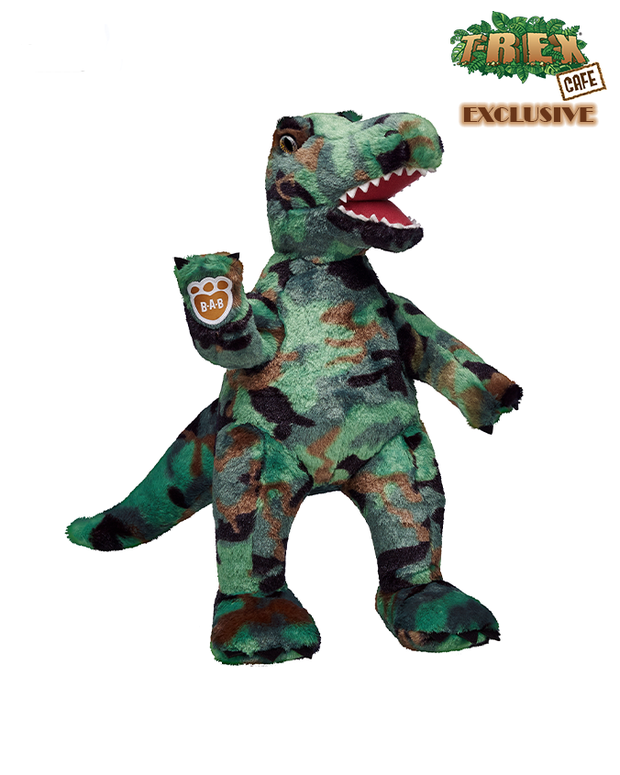 camo print t-rex plush with a brown heart on paw that reads "B-A-B".