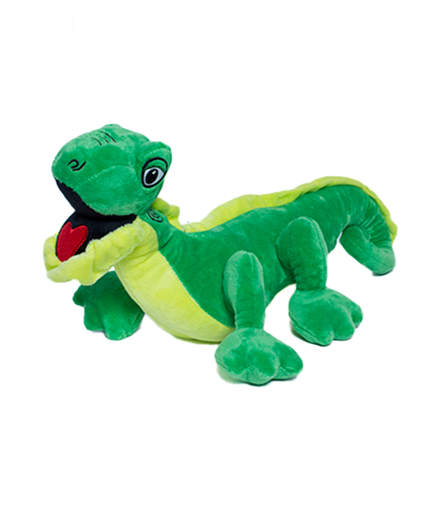 An angled view of a green iguana plush on all fours with an open mouth. The background is plain white.