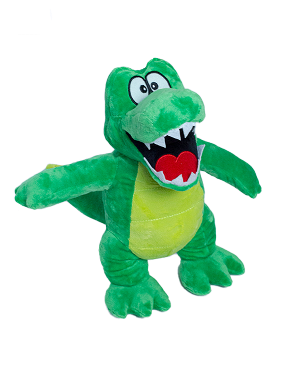 A green crocodile plush standing with its mouth opens against a white background.