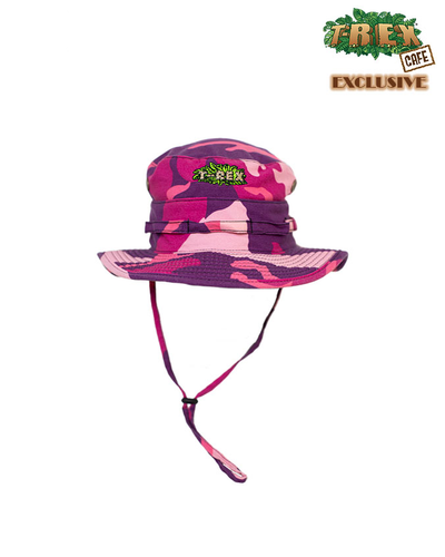 Pink camouflage safari hat with adjustable chin strap and T-Rex cafe logo embroidered in green.