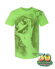 A bright green adult-sized t-shirt from Rainforest Cafe featuring a large, playful graphic of Cha Cha the frog with wide, expressive eyes. Below the frog is the Rainforest Cafe logo, and in the bottom right corner, there’s a ‘30 WILD YEARS!’ celebration logo with colorful text and a tree frog coming out the 0.
