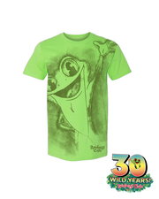 A bright green adult-sized t-shirt from Rainforest Cafe featuring a large, playful graphic of Cha Cha the frog with wide, expressive eyes. Below the frog is the Rainforest Cafe logo, and in the bottom right corner, there’s a ‘30 WILD YEARS!’ celebration logo with colorful text and a tree frog coming out the 0.
