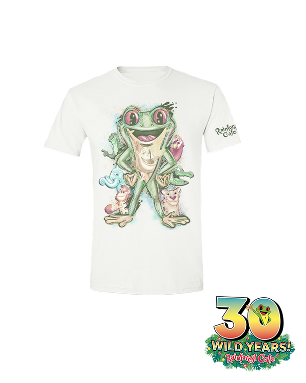 A white crewneck t-shirt with a faded graphic of a standing tree frog with his hands on his hips, with jungle animals behind it. The left sleeve has "RAINFOREST CAFE" printed on it. The background is plain white, featuring a rainbow ‘30 WILD YEARS!’ logo featuring CHA! CHA!.