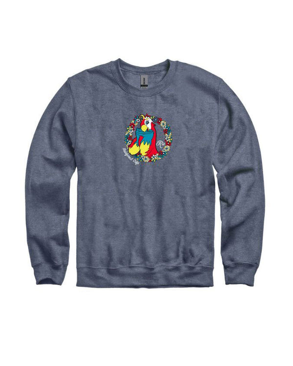 Blue sweatshirt with a colorful parrot design on a white background