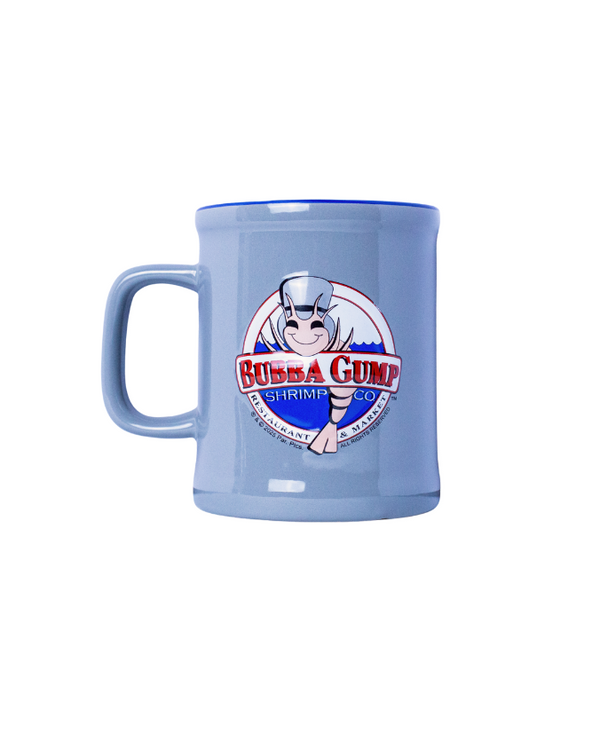 Light blue mug with a logo on a white background