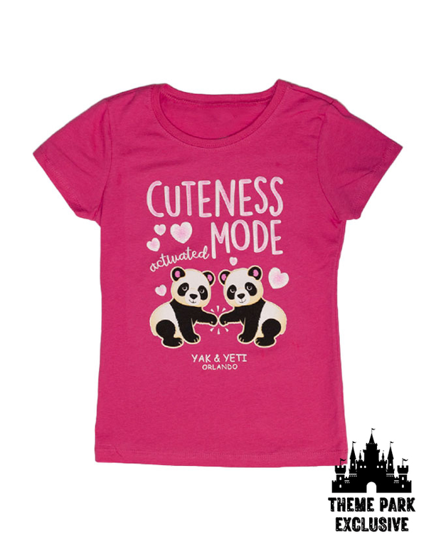 Hot pink kids tee with cartoon panda design that says "Cuteness Mode Activated" in light pink font and "Theme Park Exclusive" tags in top and bottom corner.